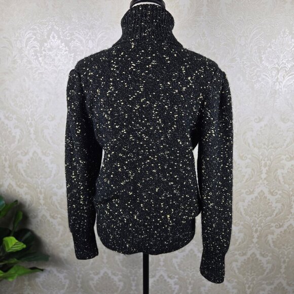 Ann Taylor Size Medium Black Metallic Gold Knit Turtleneck Sweater Puff Shoulder - Picture 7 of 13